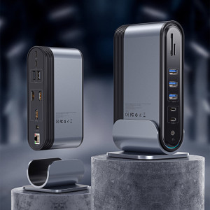 Докинг станция BASEUS 3x USB Type A 3.2 Gen.1 / 2x USB Type A 2.0 / 2x USB Type C / четец за SD и Micro SD карти / мини жак 3.5mm / 3x HDMI / RJ45 1Gbps / USB Tyype C Power Delivery 100W (EU / CN / UK стандарт) (CAHUB-DG0G) сива - Img 13