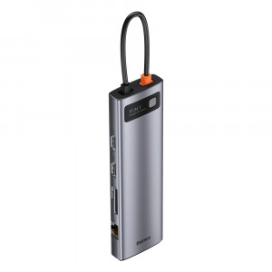 Докинг станция BASEUS Metal Gleam 11в1 USB Type C към 3x USB Type A 3.2 Gen.1 5Gbps / USB Type C Power Delivery 100W / мини жак 3.5mm / VGA Full HD 60Hz / 2x HDMI 4K 30Hz / четец за SD и Micro SD карти / RJ45 1Gbps (CAHUB-CT0G) сива - Img 1