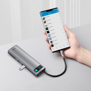 Докинг станция BASEUS Metal Gleam 11в1 USB Type C към 3x USB Type A 3.2 Gen.1 5Gbps / USB Type C Power Delivery 100W / мини жак 3.5mm / VGA Full HD 60Hz / 2x HDMI 4K 30Hz / четец за SD и Micro SD карти / RJ45 1Gbps (CAHUB-CT0G) сива - Img 10