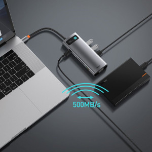 Докинг станция BASEUS Metal Gleam 9в1 USB Type C към 3x USB Type A 3.2 Gen.1 5Gbps / USB Type C Power Delivery 100W / VGA Full HD 60Hz / HDMI 4K 30Hz / четец за SD и Micro SD карти / RJ45 1Gbps (CAHUB-CU0G) сива - Img 16