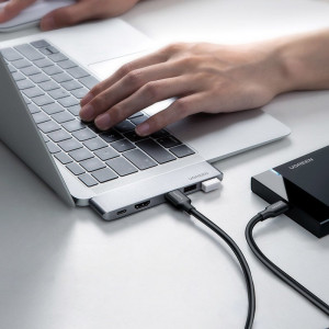 Докинг станция UGREEN 2x USB Type C към USB Type C Power Delivery (Thunderbolt 3, 100W, 4K @ 60 Hz, 10 Gbps) / HDMI 4K @ 30 Hz / 3x USB Type A 3.0 за MacBook Pro / Air (60559) сива - Img 7