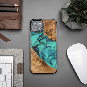 Дървен гръб BEWOOD Unique Wood and Resin - iPhone 15 Plus Turquoise тюркоаз / черен - Img 2