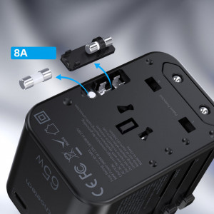 Зарядно за стена (2в1 UK и EU стандарт) CHOETECH GaN 65W USB Type A / 2x USB Type C PD (PD5009-BK) черно - Img 6