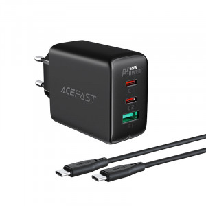 Зарядно за стена ACEFAST 2в1 65W USB Type A / 2x USB Type C PD QC3.0 AFC FCP + кабел USB Type C към USB Type C (A13) черно - Img 3