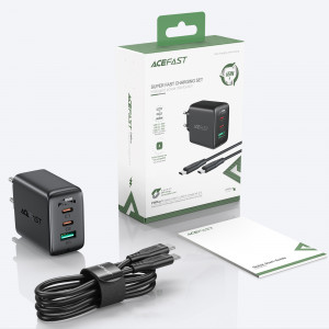 Зарядно за стена ACEFAST 2в1 65W USB Type A / 2x USB Type C PD QC3.0 AFC FCP + кабел USB Type C към USB Type C (A13) черно - Img 13