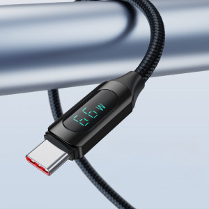 Кабел за зареждане и данни с дисплей и оплетка WOZINSKY WUACC2 USB A към USB Type C66W 6A 2m черен - Img 7