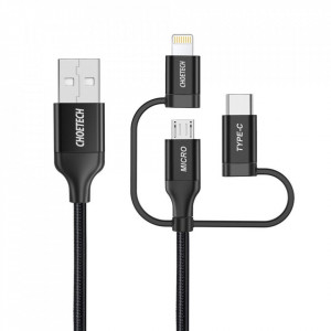 Кабел за зареждане и данни с оплетка CHOETECH 3in1с никелирани конектори MFi USB Type A към Lightning / USB Type C / micro USB черен - Img 2