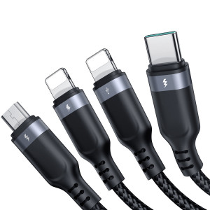 Кабел за зареждане и данни с оплетка JOYROOM 4in1 USB Type A към USB Type C / 2x Lightning / Micro USB 1.2m S-1T4018A18 черен - Img 3
