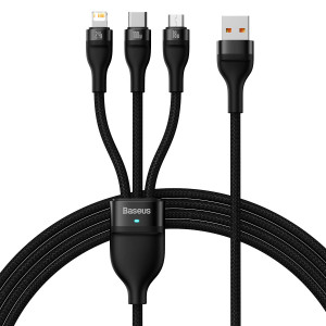 Кабел за зареждане и данни BASEUS Flash II 3in1 USB Type A към USB Type C / Lightning / micro USB с бързо зареждане 100W 1.2m черен - Img 1