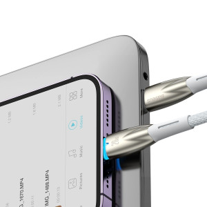 Кабел за зареждане и данни BASEUS Glimmer USB Type C към Lightning с бързо зареждане 480Mb/s Power Delivery 20W 1m бял - Img 10