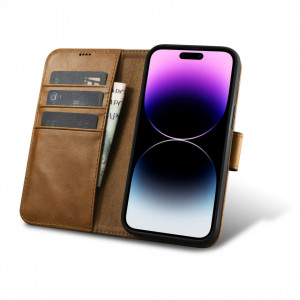Калъф тип книга от естествена кожа iCARER Oil Wax Wallet 2в1 против кражба - iPhone 14 Pro кафяв - Img 2