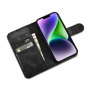 Калъф тип книга от естествена кожа iCARER Oil Wax Wallet 2в1 против кражба - iPhone 14 Plus черен - Img 9