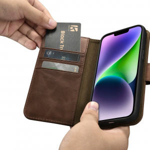 Калъф тип книга от естествена кожа iCARER Oil Wax Wallet 2в1 против кражба - iPhone 14 кафяв - Img 13