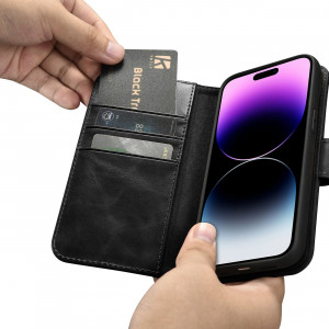 Калъф тип книга от естествена кожа iCARER Oil Wax Wallet 2в1 против кражба - iPhone 14 Pro черен - Img 11
