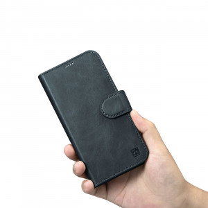 Калъф тип книга от естествена кожа iCARER Oil Wax Wallet 2в1 против кражба - iPhone 14 Pro Max син - Img 11