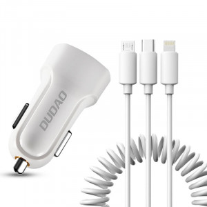 Комплект зарядни за кола DUDAO 2.4A 2x USB Type A + кабел 3в1 Lightning / USB Type C / Micro USB (R7) бяло - Img 1