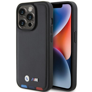 Оригинален гръб от естествена кожа BMW Leather Stamp Tricolor BMHCP15L22PTDK - iPhone 15 Pro черен - Img 1