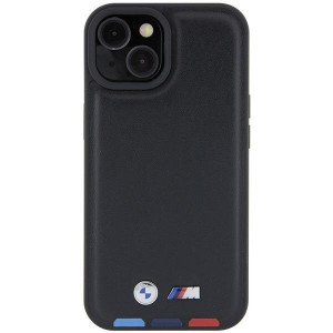 Оригинален гръб от естествена кожа BMW Leather Stamp Tricolor BMHCP15S22PTDK - iPhone 15 черен - Img 3