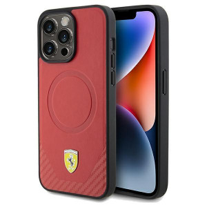 Оригинален гръб FERRARI Carbon Metal Logo MagSafe - iPhone 15 Pro червен - Img 1