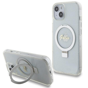 Оригинален гръб GUESS Ring Stand Script Glitter MagSafe - iPhone 13 / 14 / 15 прозрачен - Img 1