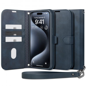 Оригинален калъф тип книга с каишка SPIGEN Wallet S - iPhone 15 Pro тъмносин - Img 1