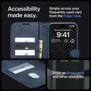 Оригинален калъф тип книга с каишка SPIGEN Wallet S - iPhone 15 Pro тъмносин - Img 13