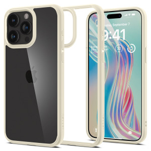 Оригинален прозрачен гръб с цветна рамка SPIGEN Crystal Hybrid - iPhone 15 Pro Max бежов - Img 1