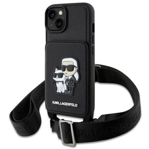 Оригинален твърд гръб с презрамка KARL LAGERFELD Saffiano Karl & Choupette KLHCP14MCSAKCPMK - iPhone 14 Plus черен - Img 1