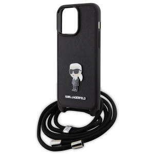 Оригинален твърд гръб с презрамка KARL LAGERFELD Saffiano Monogram Metal Pin Karl & Choupette - iPhone 15 Pro Max черен - Img 5