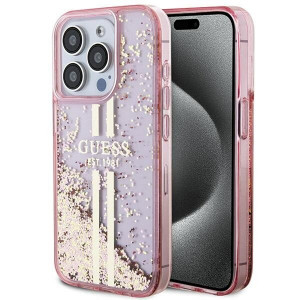 Оригинален твърд гръб GUESS Liquid Glitter Gold Stripes - iPhone 15 Pro розов - Img 1