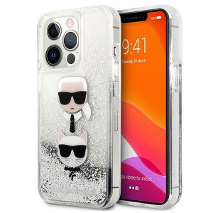 Оригинален твърд гръб KARL LAGERFELD Liquid Glitter Karl & Choupette Head KLHCP13LKICGLS - iPhone 13 Pro сребрист - Img 1