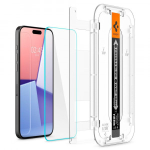 Плосък стъклен протектор SPIGEN TR Ez Fit с инструмент за поставяне - iPhone 15 Pro Max прозрачен - Img 2