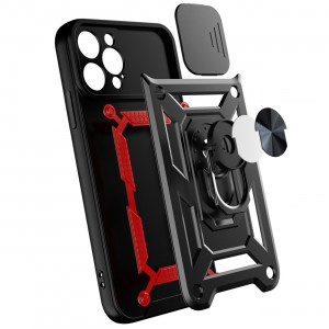 Подсилен гръб Hybrid Armor Camshield с подвижно покритие за камерата и стойка - iPhone 14 Pro черен - Img 8