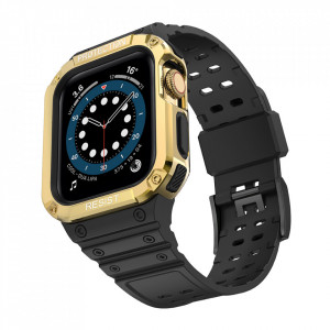 Подсилен калъф за корпус с каишка Protect - Apple Watch 45mm Series 9 / 45mm Series 8 / 45mm Series 7 / 44mm SЕ (2nd gen) / 44mm SE / 44mm Series 6 / 44mm Series 5 / 44mm Series 4 / 42mm Series 3 / 42mm Series 2 черен / златист - Img 2