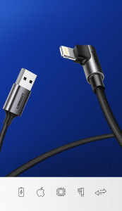90° кабел за зареждане и данни UGREEN USB Type A към Lightning MFi 1m 2.4A черен (60521) - Img 2