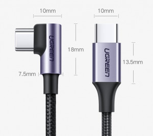 90° кабел за зареждане и данни UGREEN USB Type C към USB Type C Power Delivery 60 W 20 V 3A 2m черен / сив (US255 50125) - Img 16