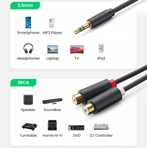 Аудио кабел UGREEN жак 3.5mm (мъжко) към 2x RCA (чинч) (женско) 0.25m сив (AV109) - Img 4