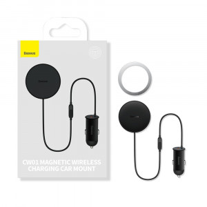 Безжично зарядно за кола BASEUS CW01 MagSafe 15W със стойка за въздуховода + вход за кабел USB Type A 25W черно - Img 5