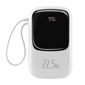 Външна батерия BASEUS Qpow Digital дисплей c бързо зареждане 20000mAh 22.5W с бързо зареждане / PD / SCP / FCP с вграден USB-C кабел бяла - Img 1