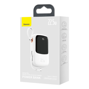 Външна батерия BASEUS Qpow Digital дисплей c бързо зареждане 20000mAh 22.5W с бързо зареждане / PD / SCP / FCP с вграден USB-C кабел бяла - Img 5