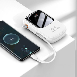Външна батерия BASEUS Qpow Digital дисплей c бързо зареждане 20000mAh 22.5W с бързо зареждане / PD / SCP / FCP с вграден USB-C кабел бяла - Img 11
