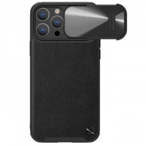 Гръб от естествена кожа с подвижно покритие за камерата NILLKIN CamShield Leather S - iPhone 14 Pro черен - Img 1