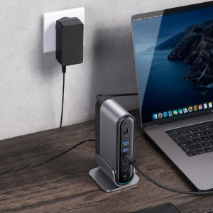 Докинг станция BASEUS 3x USB Type A 3.2 Gen.1 / 2x USB Type A 2.0 / 2x USB Type C / четец за SD и Micro SD карти / мини жак 3.5mm / 3x HDMI / RJ45 1Gbps / USB Tyype C Power Delivery 100W (EU / CN / UK стандарт) (CAHUB-DG0G) сива - Img 10
