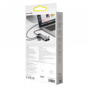 Докинг станция BASEUS Metal Gleam 9в1 USB Type C към 3x USB Type A 3.2 Gen.1 5Gbps / USB Type C Power Delivery 100W / VGA Full HD 60Hz / HDMI 4K 30Hz / четец за SD и Micro SD карти / RJ45 1Gbps (CAHUB-CU0G) сива - Img 6
