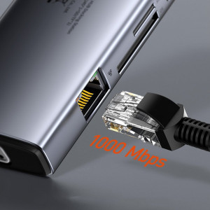 Докинг станция BASEUS Metal Gleam 9в1 USB Type C към 3x USB Type A 3.2 Gen.1 5Gbps / USB Type C Power Delivery 100W / VGA Full HD 60Hz / HDMI 4K 30Hz / четец за SD и Micro SD карти / RJ45 1Gbps (CAHUB-CU0G) сива - Img 17