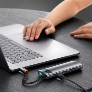 Докинг станция BASEUS Metal Gleam Series 7в1 USB Type C към USB Type C / 2x USB Type A 3.0 / USB Type C Power Delivery / HDMI / четец за SD и Micro SD карти (WKWG020113) сива - Img 14