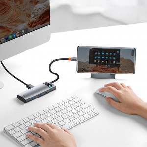 Докинг станция BASEUS Metal Gleam Series 7в1 USB Type C към USB Type C / 2x USB Type A 3.0 / USB Type C Power Delivery / HDMI / четец за SD и Micro SD карти (WKWG020113) сива - Img 19