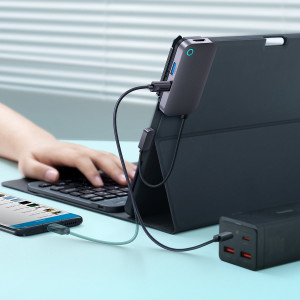 Докинг станция BASEUS PadJoy 6в1 USB Type C към HDMI 2.0 4K 30Hz / мини жак 3.5mm / USB Type A 3.0 / USB Type C Power Delivery + Data 100W / четец за SD и Micro SD карти тъмносива - Img 12
