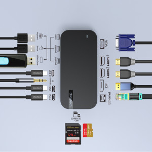 Докинг станция CHOETECH M52 USB Type C към USB Type C Power Delivery / USB Type C / USB Type A / HDMI / VGA / четец за SD и Micro SD карти / RJ45 / мини жак 3.5mm сива - Img 5