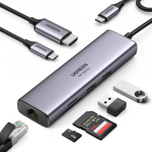 Докинг станция UGREEN 7в1 USB Type C към 2x USB Type A 3.2 Gen.1 / HDMI 4K 60Hz / четец за SD и Micro SD карти / USB Type C Power Delivery 100W / RJ45 1000Mbps (1Gbps) (60515 CM512) сива - Img 2